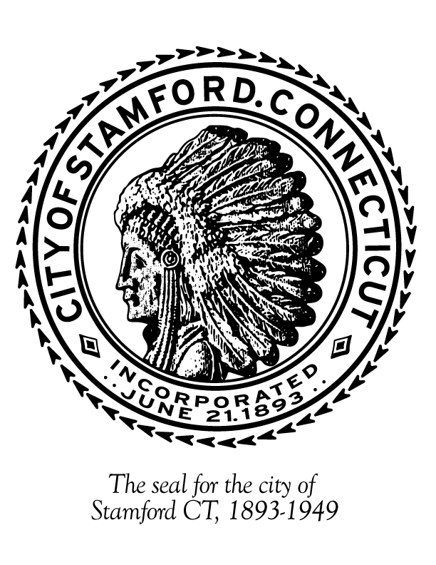 Black and white image of the original seal of Stamford, Ct - Indian Chief head surrounded by the words City of Stamford Connecticut