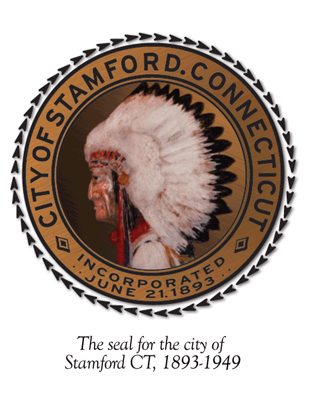 Colorized image of the original seal of Stamford, Ct - Indian Chief head surrounded by the words City of Stamford Connecticut