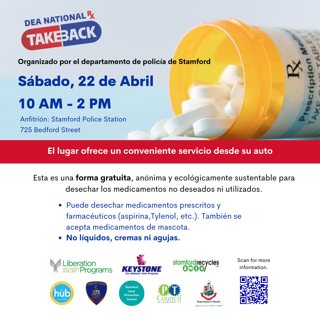 The Stamford April Take Back Day Flyer in Spanish happening on April 22 from 10am-2pm at the Stamford Police Station