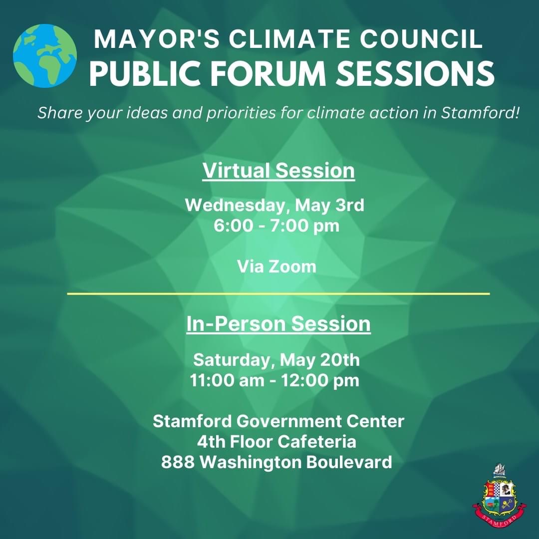 The Climate Public Forum, May 3 6-7pm via Zoom and May 20th 11am-12pm at the Govt. Center