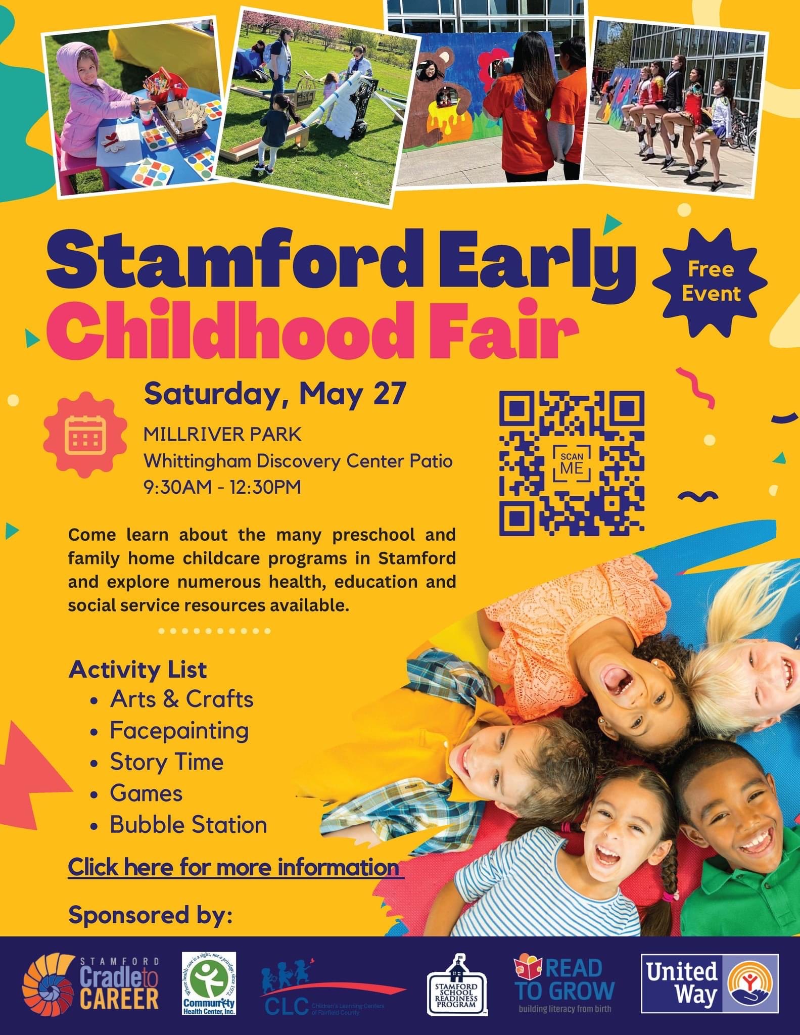 The Stamford Early Childhood Fair will occur Saturday May 27 from 9:30 am-12:30 pm at Mill River Park