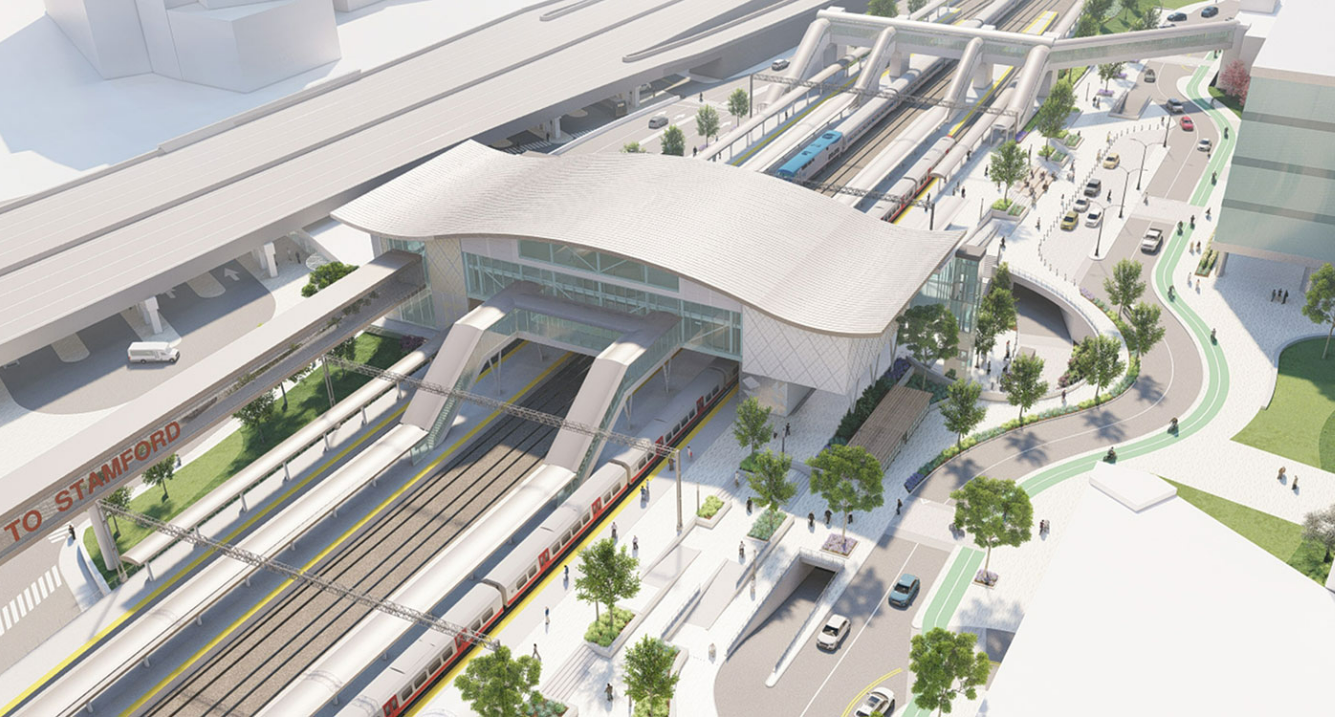 A rendering of the exterior of a possible new Stamford Station 