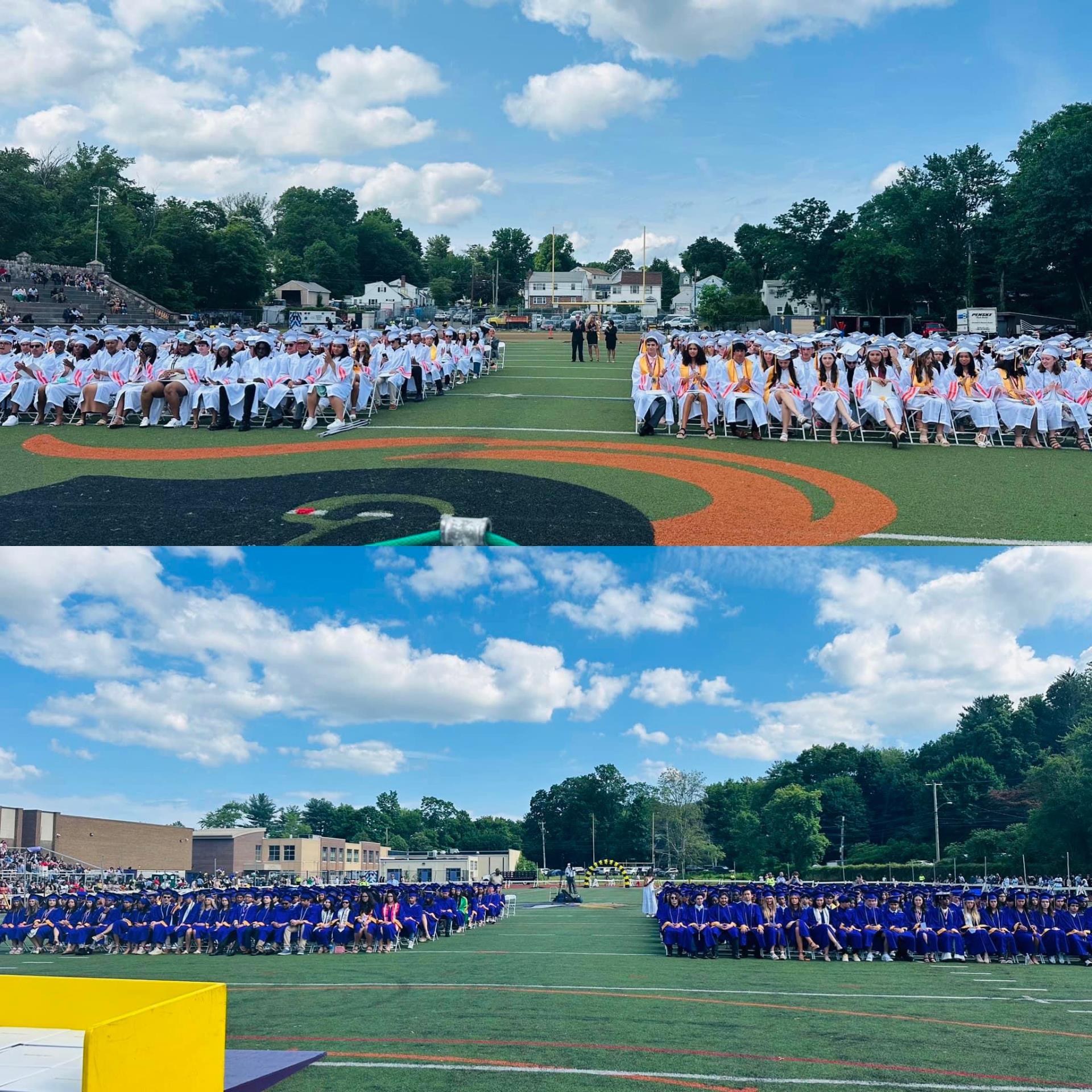 A photo of SHS grads on top, and westhill grads on the bottom
