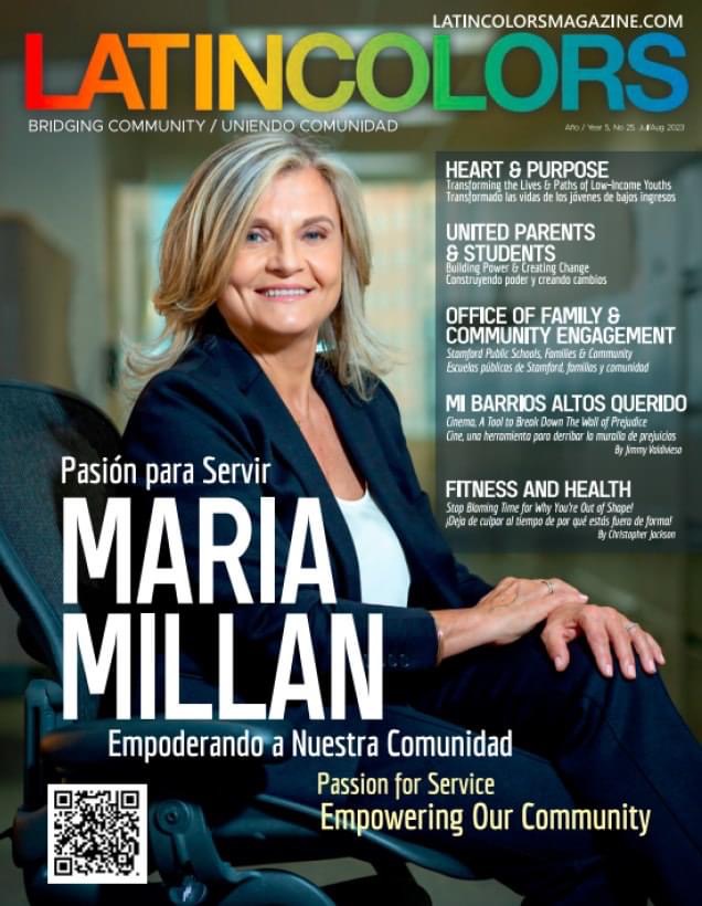 A picture of Maria Millan smiling on the cover of LatinColors 