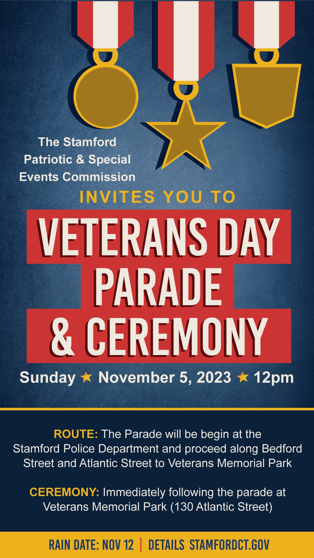 A grpahic of the 2023 Veterans Day Parade invite