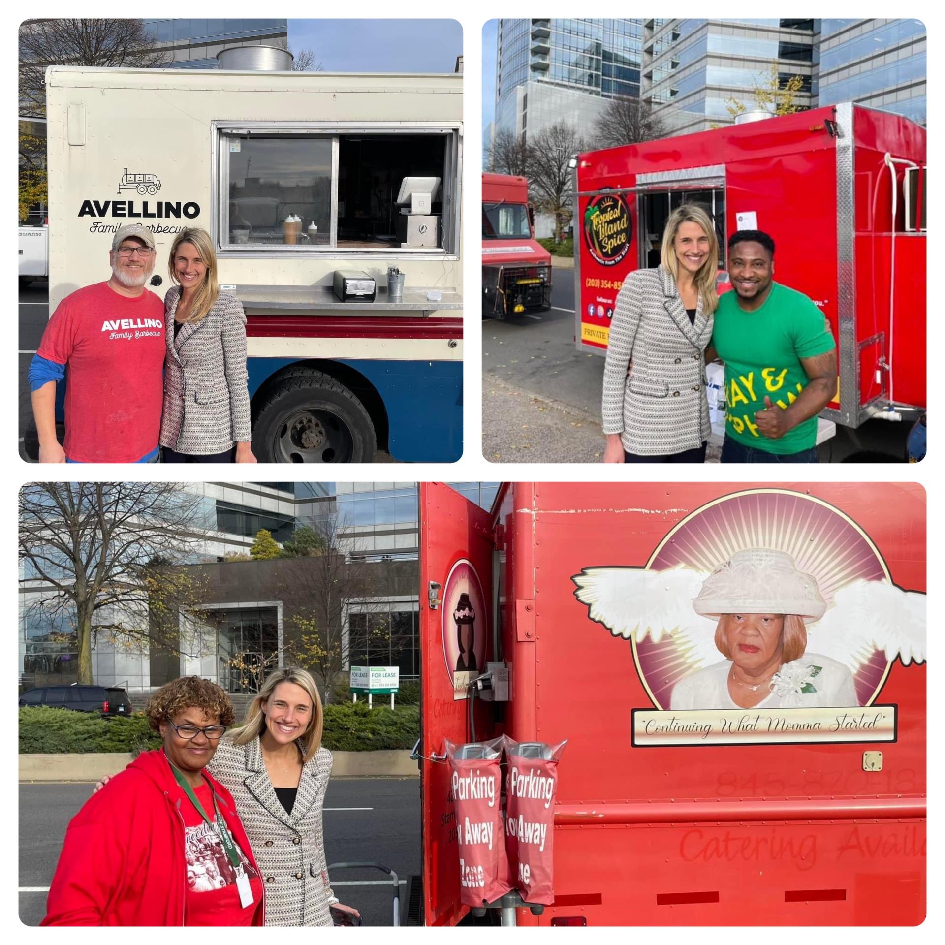 Mayor Simmons smiles with Food Truck owners of Avellino BBQ (top left), Tropical Island Spice (Top Right), and Lovely Louise (Bottom)