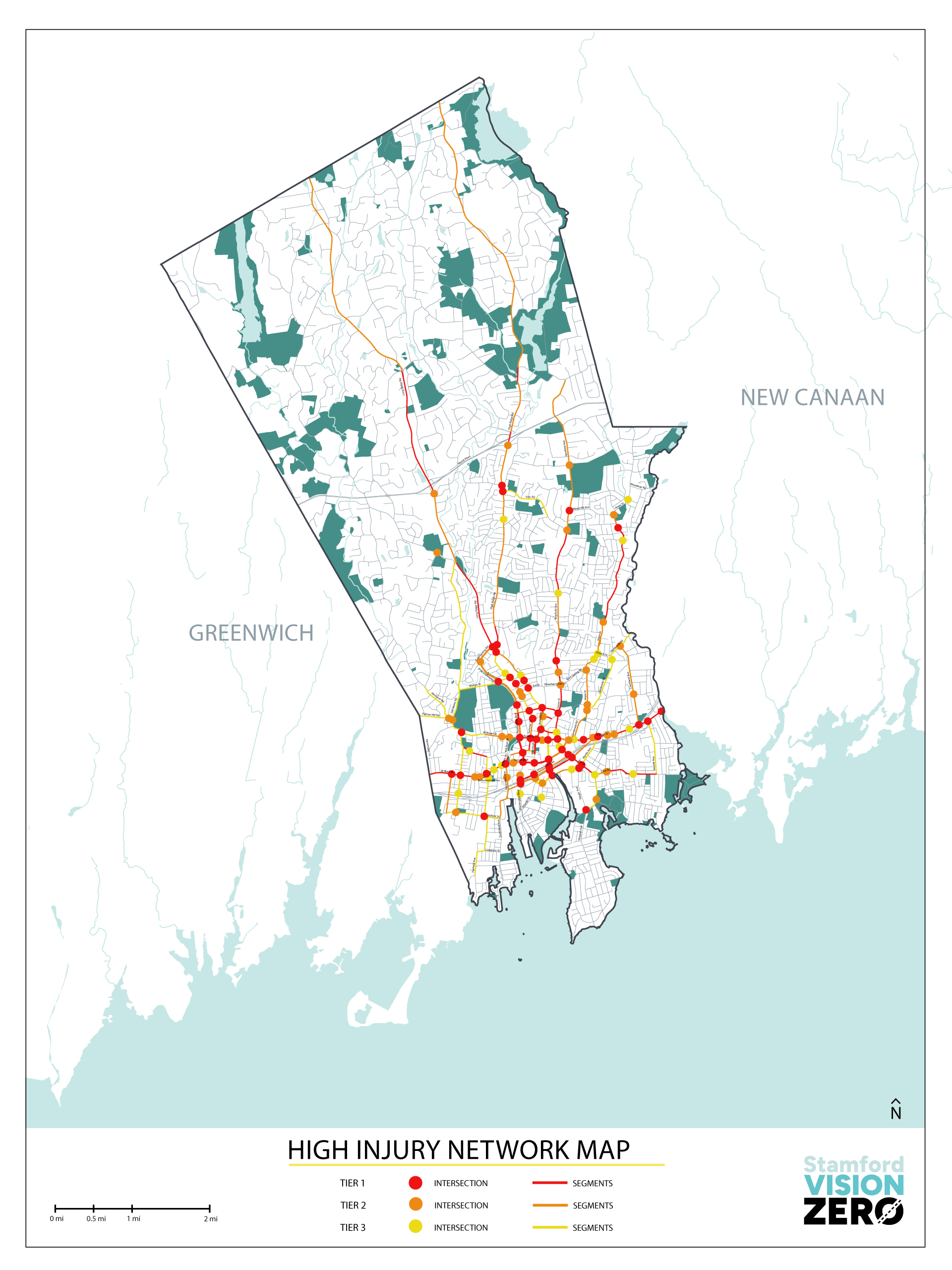 Stamford's Vision Zero High Injury Network Map showing the highest injury and fatal crash roadways in Stamford. 