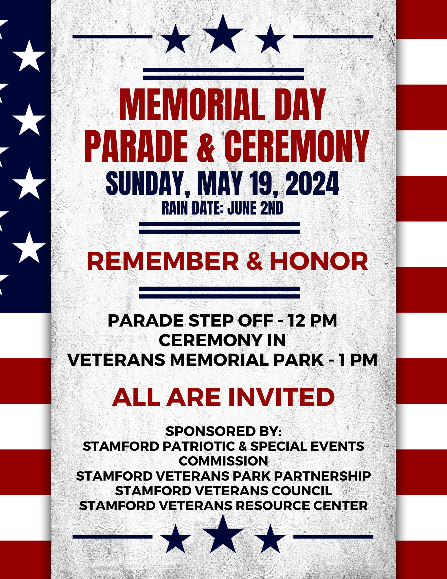 Red, White, & Blue Memorial Day Parade 2024 Flyer. Parade and ceremony will be Sunday May 19th 2024. Rain Date is June 2nd. Parade starts at 12pm ALL are invited. Ceremony in Veterans Memorial Park at 1pm.