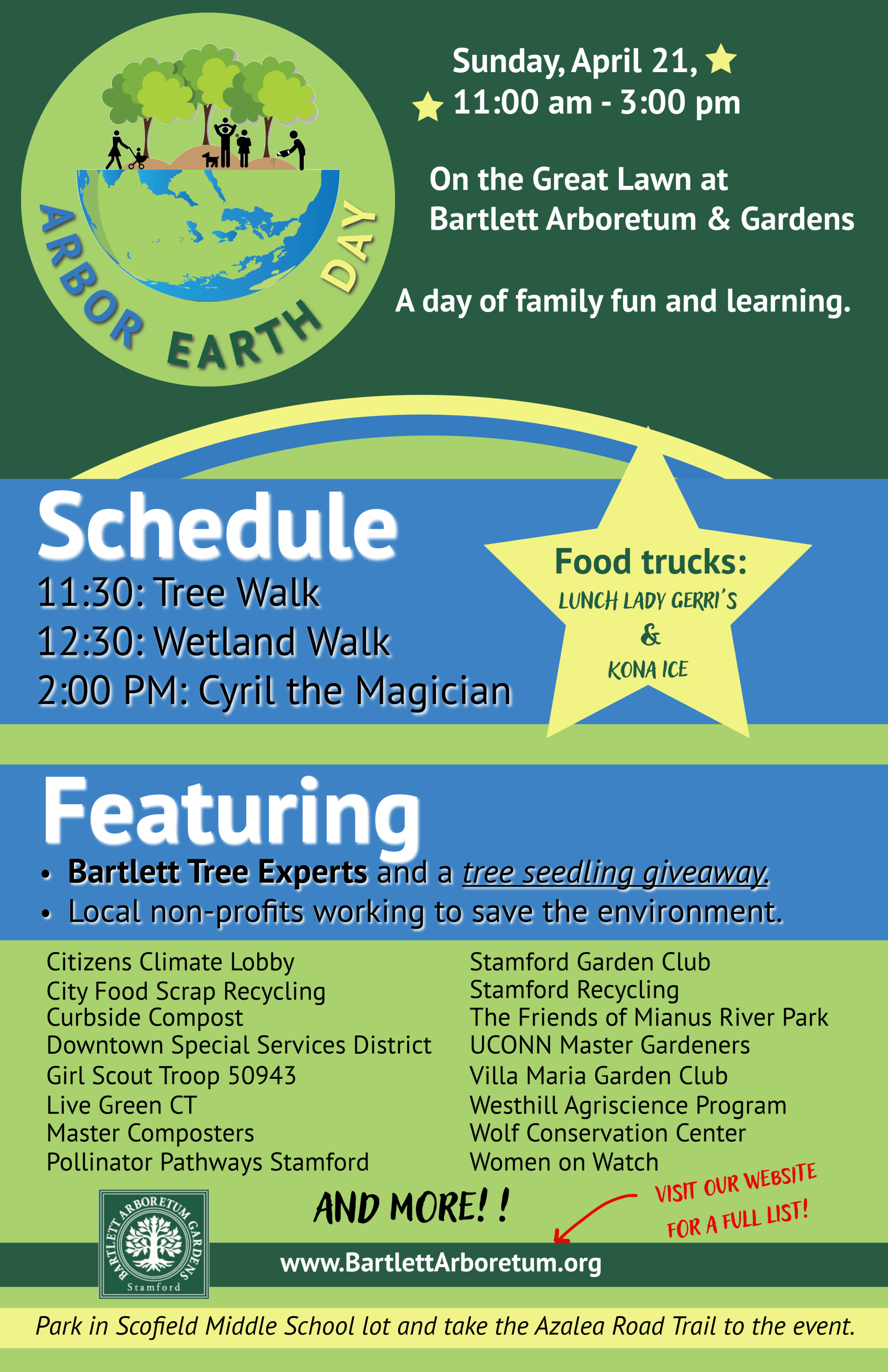 A flyer for the Earth Day Event Bartlett, with the schedule, 11:30am tree walk, 12:30 wetland walk, and magician at 2:00 on Sunday 4/21