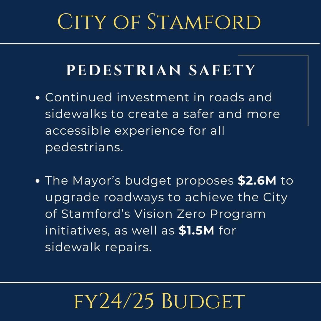 On a blue background the words Pedestrian Safety with the amount of funding in the Mayor's proposed capital budget