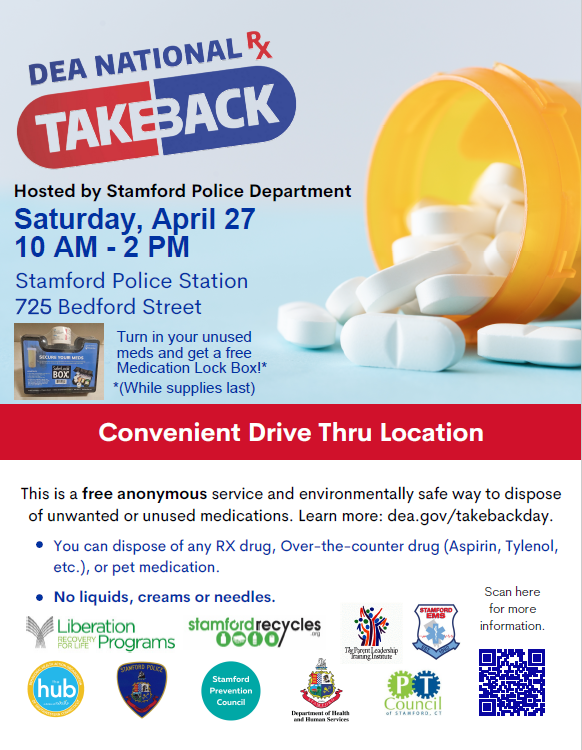 The Stamford PD will be hosting a Rx Take Back event on April 27th from 10:00 am - 2:00 pm