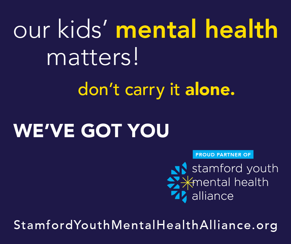 The Stamford Youth Mental Health Alliance Matters logo and our kids mental health matters, dont carry it alone on a blue background