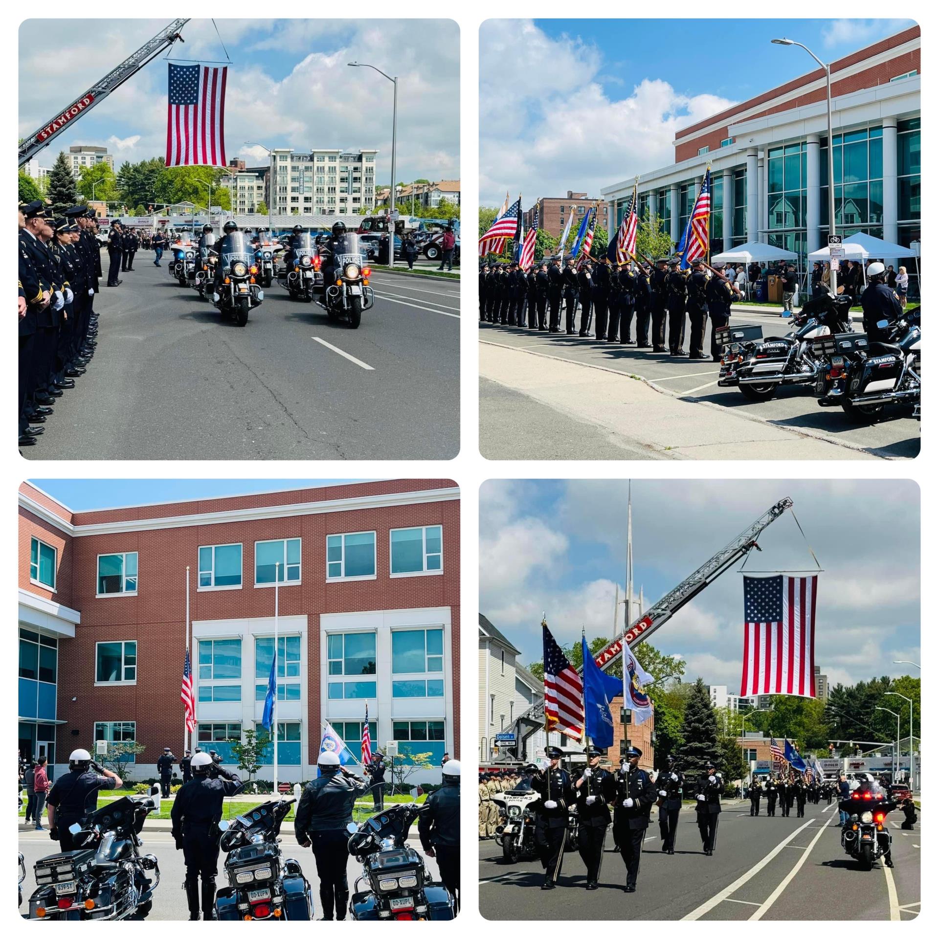 A collage of photos from Police Memorial Day A collage of photos from Police Memorial Day including Mayor Simmons speaking, Police officers saluting the flag, an american flag hanging from a firetruck