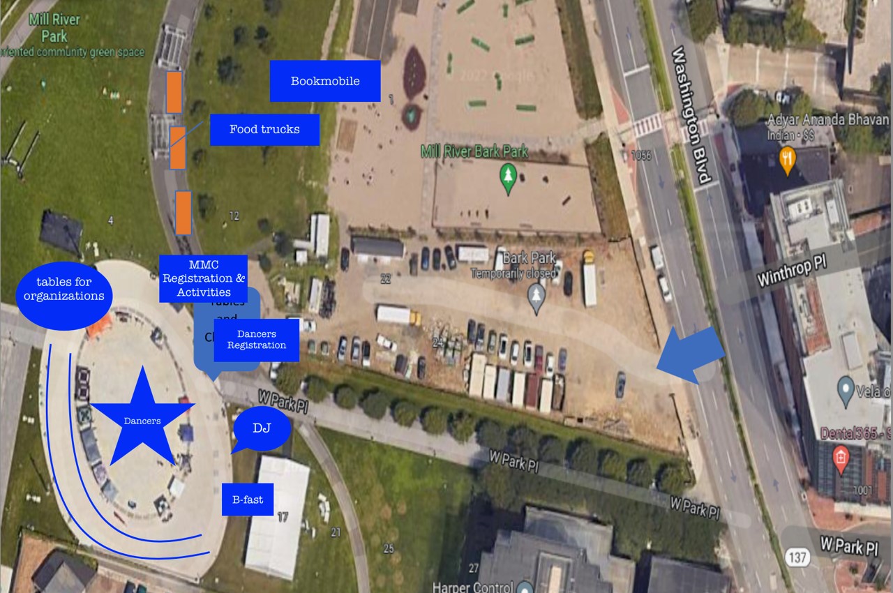 Aerial Map of Mil River Park showing that Stamford Day Activities will take place around the fountain area
