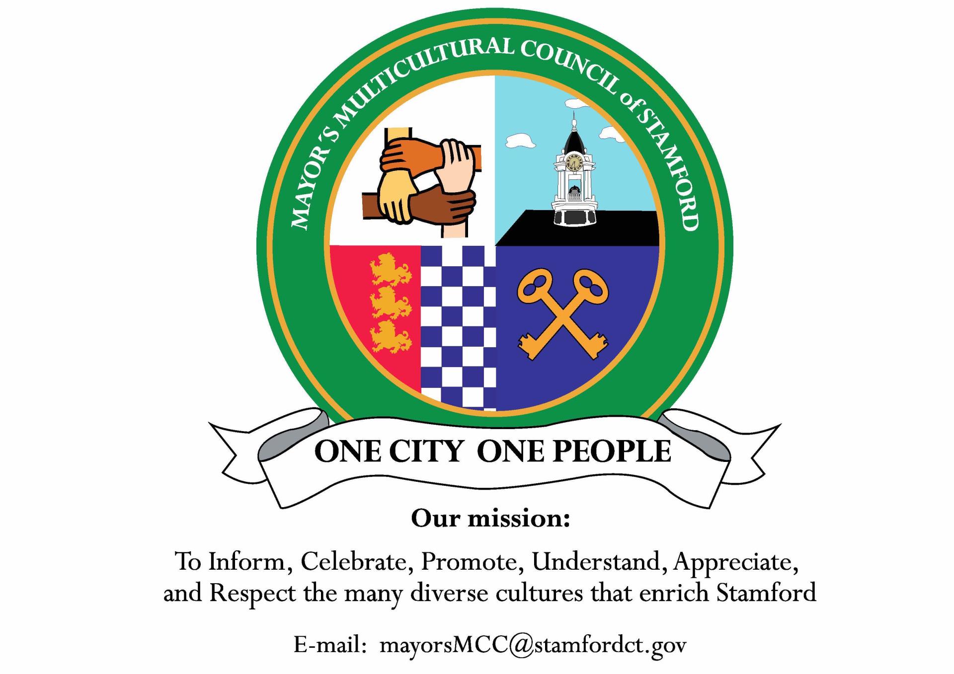 MMC Seal and stated mission to inform, celebrate, promote, understand, appreciate, and respect the many diverse cultures that enrich the City of Stamford.