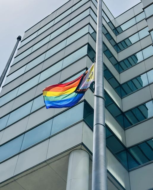 a picture of the pride flag flying infront of the government center