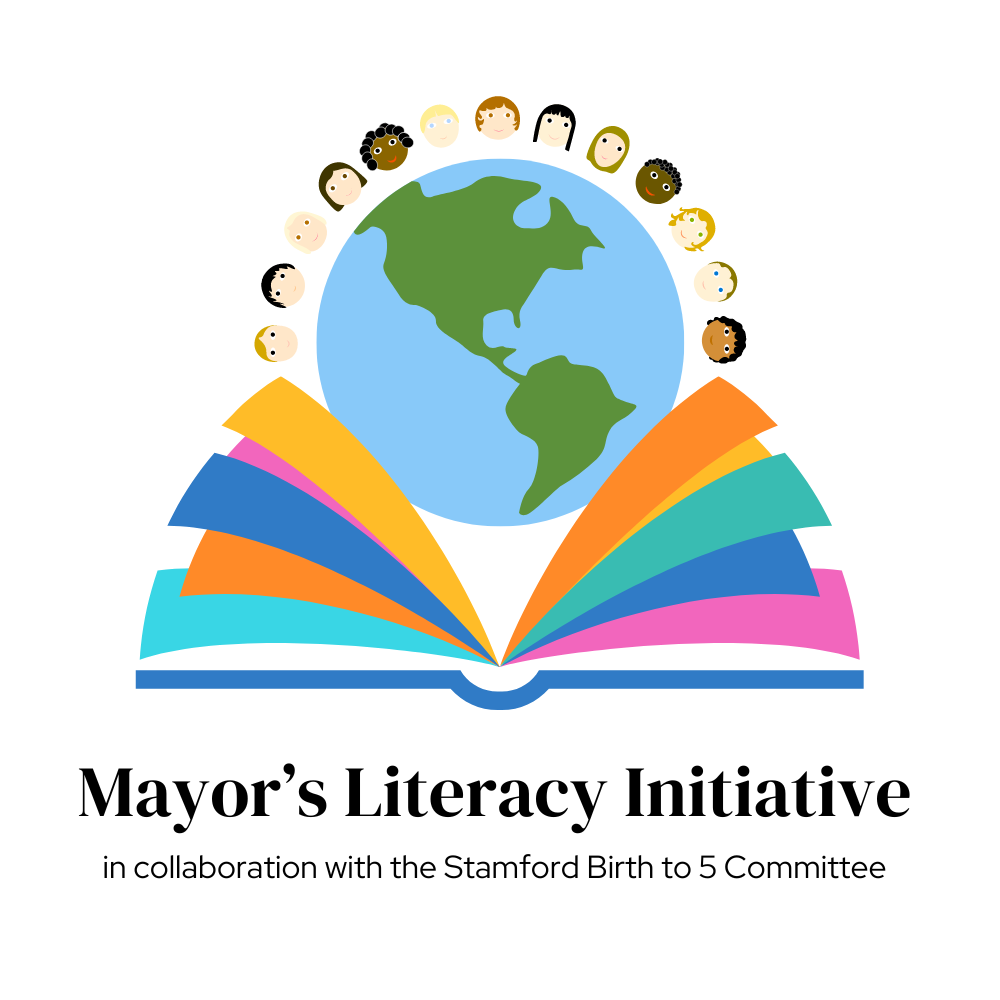 A graphic of open book with a globe of the earth in the middle surrounded by children's heads with the words Mayor’s Literacy Initiative underneath