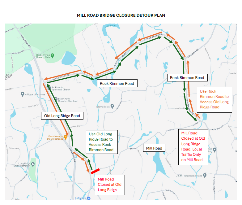 A map of the detour for Mill Road Bridge 